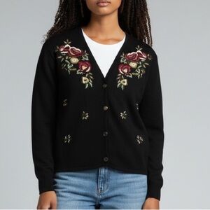 Vintage Wool Cardigan Black Floral Embroidered Sweater 90s Cottagecore Academia
